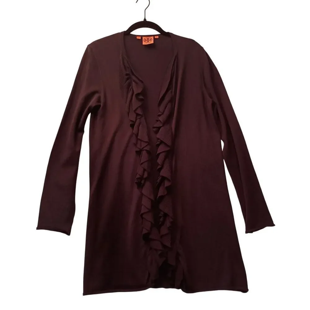 Tory Burch Ladies Black Cotton Open Cardigan Ruffles on Front Size Med